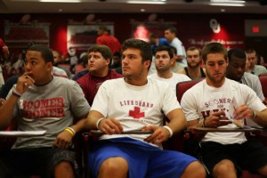 Kendall Thompson, Blakek Bell and Trevor Knight at first team meeting for fall.